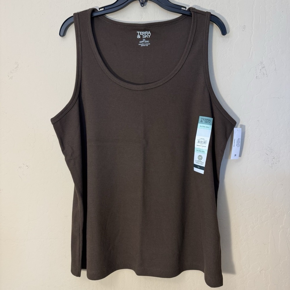 Terra & Sky Tank Top Women 2X(20W-22W) Brown Ribbed Stretch Sleeveless Shirt NEW